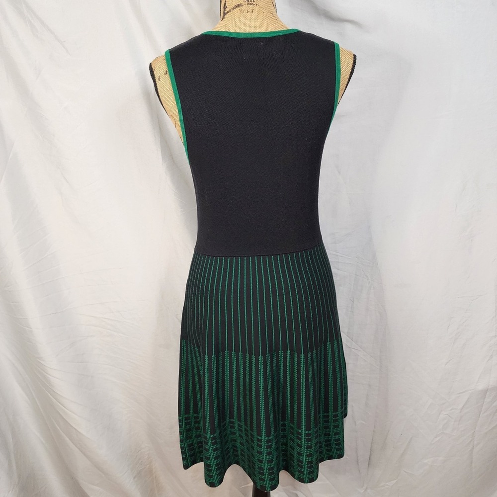ANNE KLEIN Size Large Black Green Knit Sleeveless Geometric Fit & Flare Dress - Picture 6 of 13